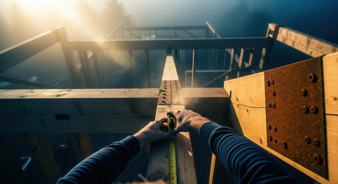 Construction Worker Precision Measuring Timber Frame Construction At Sunrise