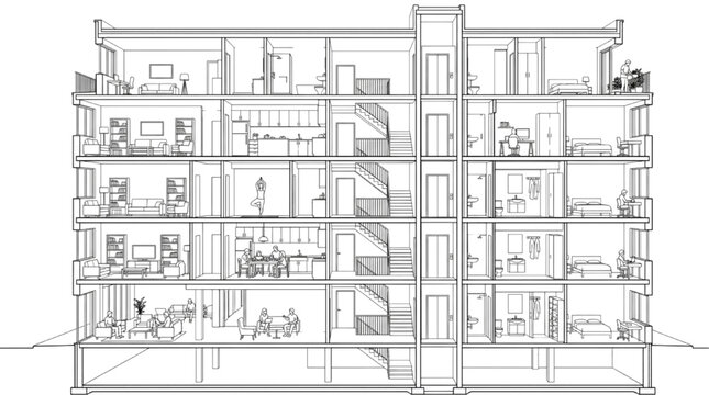 Interior layout and architectural cross section of a stilt floor apartment building with communal lounge and active residents