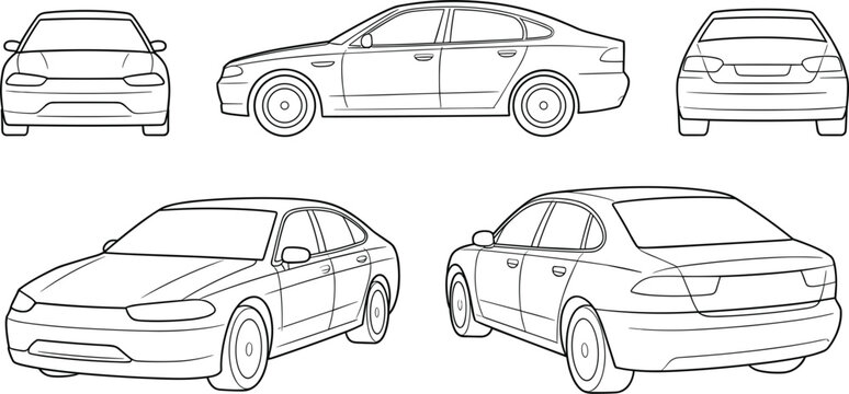 Multiple views of a sedan car in outline drawing Keywords: car, sedan, automobile, vehicle, outline, drawing, illustration
