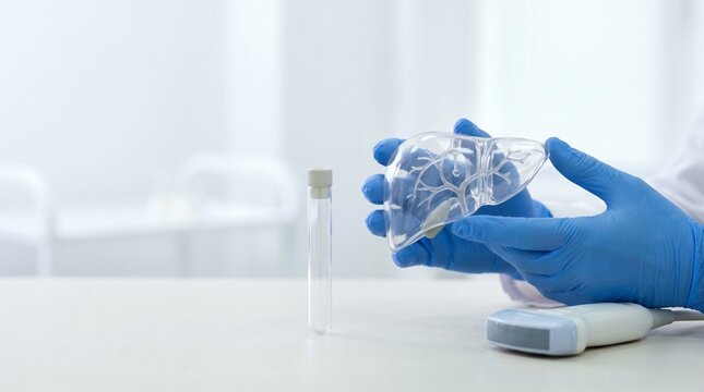 Clinician holding transparent liver model with ultrasound probe and test tube, concept of liver diagnostics, hepatology screening and abdominal ultrasound.