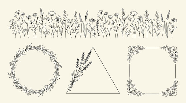 Hand drawn floral elements set, wildflower border, botanical wreath, lavender triangle frame and square flower corner border, vector illustration