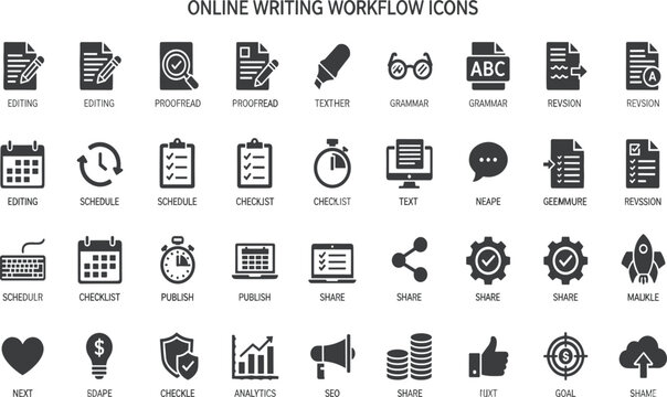 writing, online, workflow, editing, proofread, icons, set, content, grammar, schedule, publish, checklist, revision, share, document, vector, marketing, business, blog, digital,