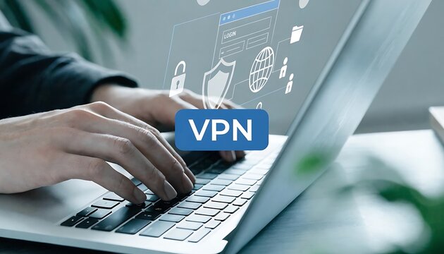 Silver laptop with hands typing displaying virtual private network icons and a login screen computer notebook portable technology digital