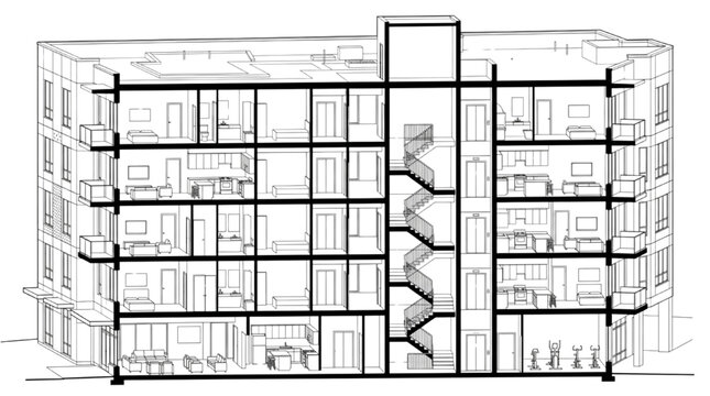 3D perspective vector cutaway illustration of a residential apartment building with fitness room and exterior facade