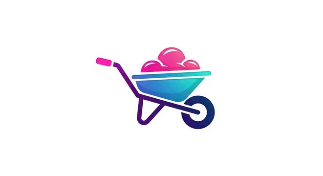 Colorful wheelbarrow with pink objects.