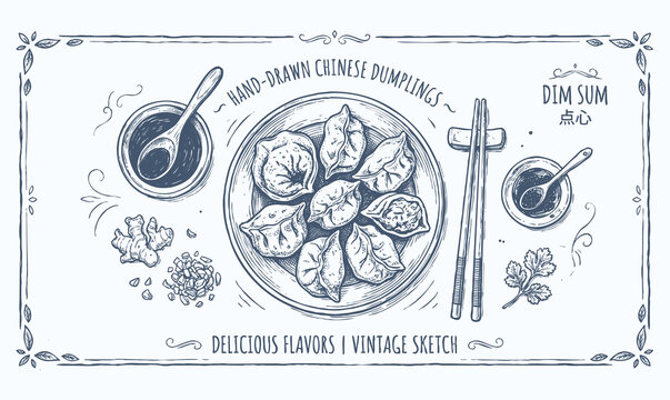 Vector vintage sketch illustration of hand-drawn Chinese dumplings