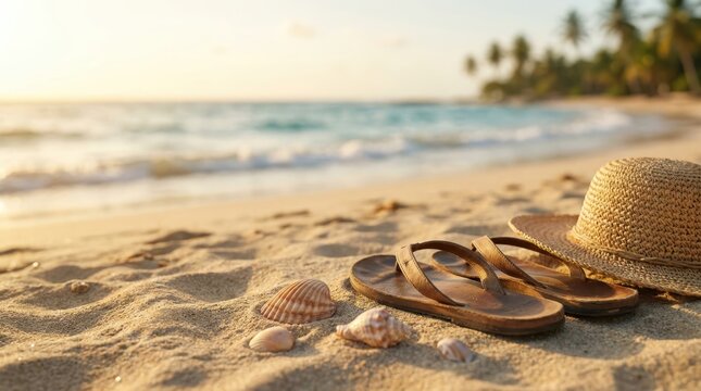 Flip Flops Straw Hat Beach Still Life Summer Vacation Travel Lifestyle Concept Background