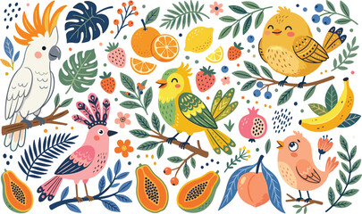 Cute Tropical Birds and Exotic Fruits Vector Set with Cockatoo, Parrots, and Botanical Leaves for Seamless Patterns, Wallpaper, and Summer Graphic Designs © Rumi