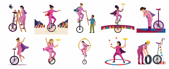 Flat vector illustration set of female circus performers on unicycles juggling and balancing © Miccheal