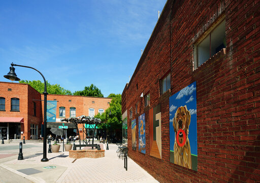 Wake Forest, NC - USA - 05-15-2026: Shops and restaurants in downtown Wake Forest, a growing community near Raleigh