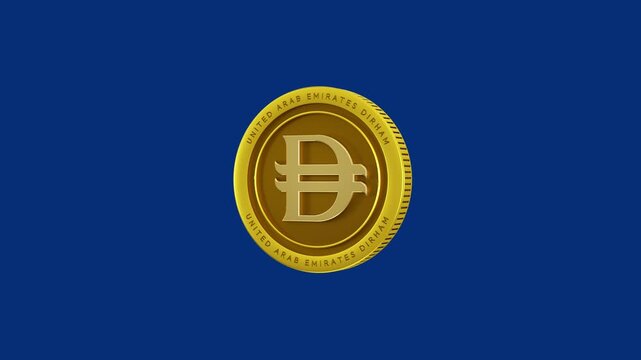 3D animation of a gold United Arab Emirates dirham coin rotating on a chroma key blue background. High-quality metallic texture and reflections, perfect for financial and UAE economy concepts.