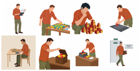 Fototapeta premium Flat illustration set of a man undergoing cognitive assessment, solving logic puzzles, and analyzing data for psychological evaluation and recruitment