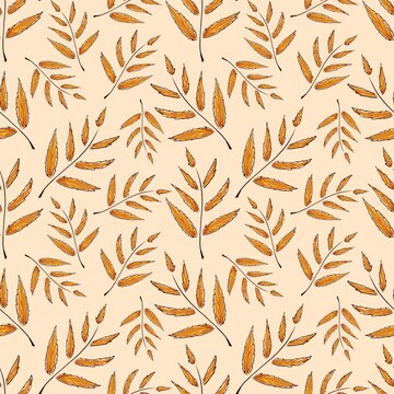 Autumn leaves seamless pattern, golden rowan branch procreate digital illustration