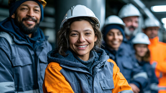 smiling diverse construction team in hardhats outdoors, african american workers portrait, building industry teamwork labor concept