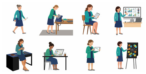Fototapeta premium Set of professional business woman characters in various office activities and poses flat vector illustration