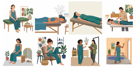 Fototapeta premium Acupuncture Therapy and Holistic Wellness Illustration Set, Woman Receiving Traditional Chinese Medicine Treatment in a Spa Clinic