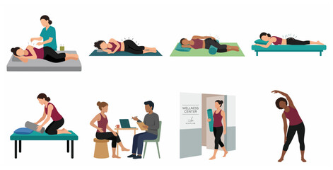 Fototapeta premium Vector Illustration of Acupuncture Therapy Scenes, Holistic Wellness Consultation, and Physical Rehabilitation Exercises for Health and Well-being