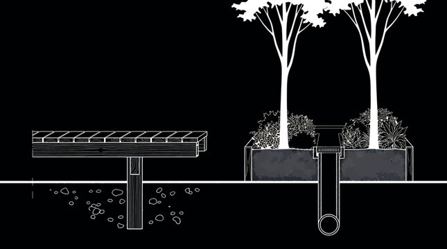 Crosssection illustration of a wooden deck and a raised garden bed with drainage system