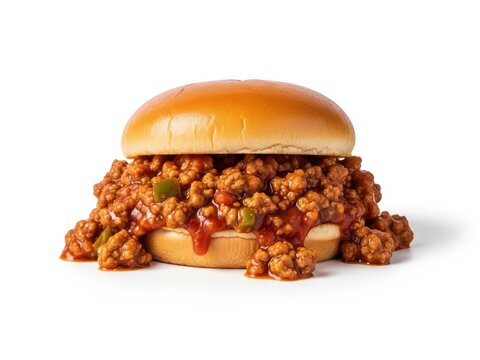 Sloppy joe sandwich with ground beef and tomato sauce on soft bun isolated on white.