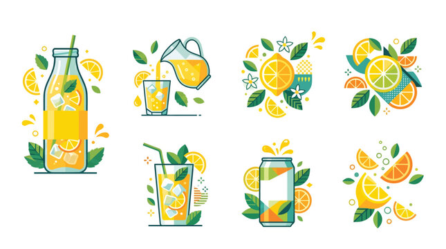 Vibrant geometric summer lemonade collection featuring refreshing citrus icons and icy beverages
