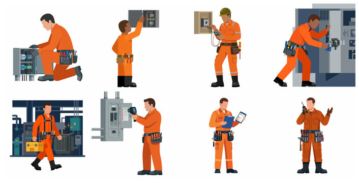 Set of Professional Electricians and Maintenance Technicians Working on Electrical Panels and Equipment, Vector Illustration Characters in Orange Overalls for Industrial Service.