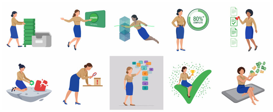 Businesswoman character set illustrating professional productivity, project management, office tasks, and corporate success concepts in flat vector style.