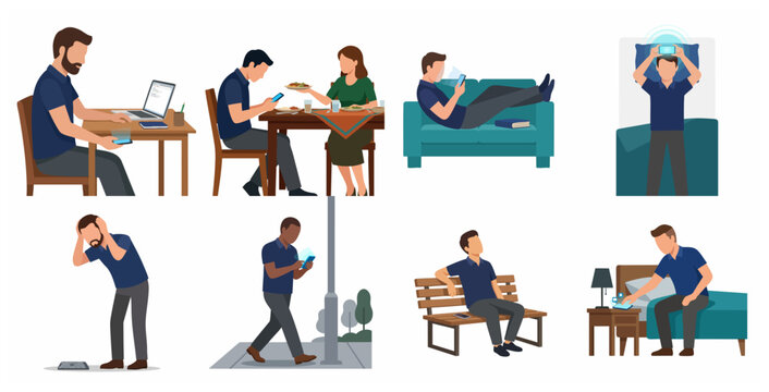Set of vector illustrations depicting smartphone addiction and digital dependency in various daily life scenarios, illustrating the negative impact of technology overuse.