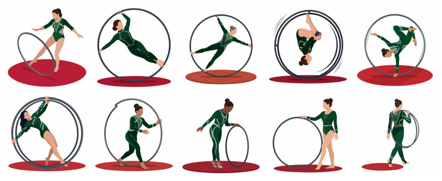 Set of female athletes performing artistic gymnastics with German wheel and Cyr wheel in green leotards