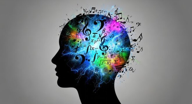 Silhouette of human head with exploding musical notes and mathematical symbols. Concept of sensory overload, autism and neurodiversity. Abstract visualization of cognitive processing intensity.