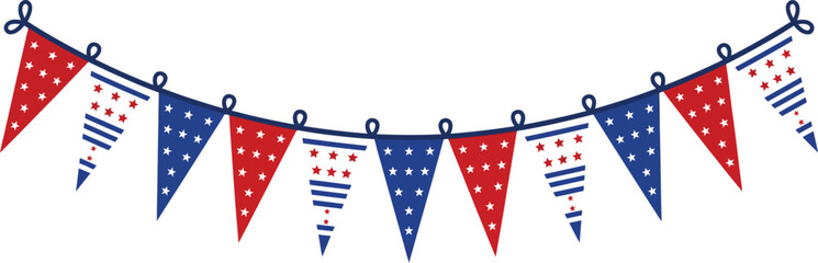 Patriotic bunting vector illustration featuring alternating red and blue triangular flags decorated with white stars and stripes patterns hanging on a dark rope for celebratory holiday decoration  © saif