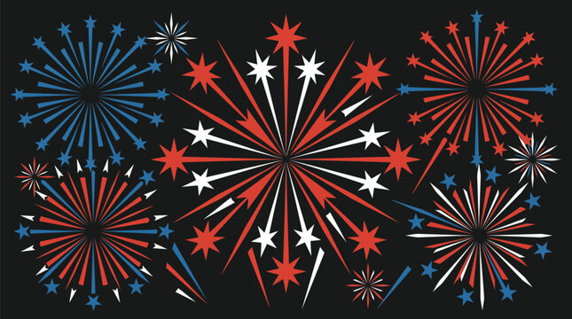 Vibrant red white and blue firework explosions displayed as a flat vector graphic illustration featuring sharp star shapes and geometric patterns isolated on a deep dark black background 