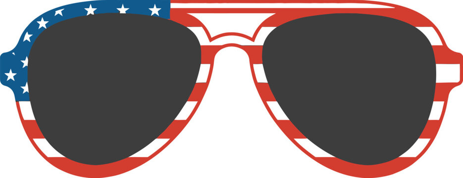 Patriotic aviator sunglasses featuring a bold red white and blue stars and stripes American flag pattern created as a clean flat vector graphic illustration for summer holiday party design projects