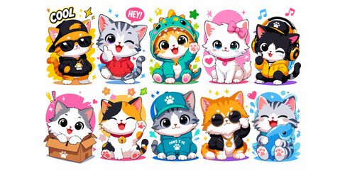 vectors cat characters sticker pack, kawaii streetwear kitten with hoodie and sunglasses vector collection © metakritik
