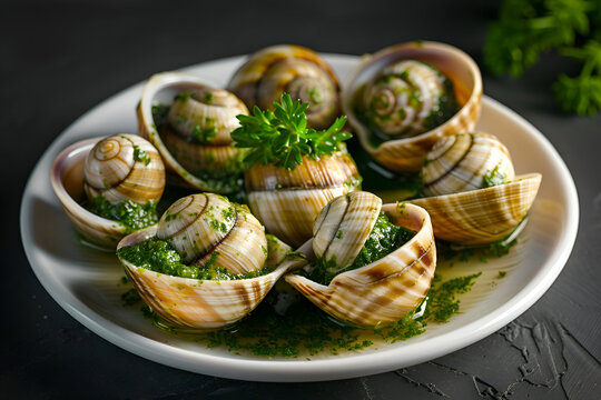 Delicious escargot with garlic herb butter on white plate