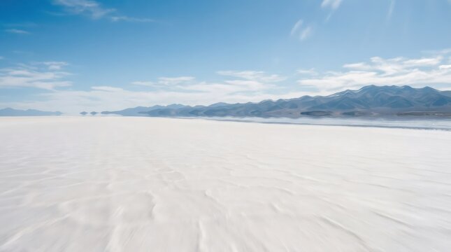 Vast salt flat landscape under bright blue sky. Surreal mirror reflection of mountains on thin layer of water. Iconic travel destination and natural dry lake bed for adventure tourism.