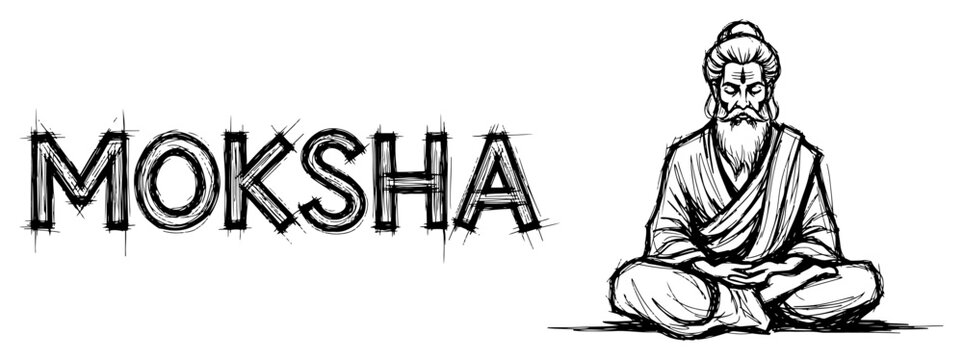 Moksha lettering with meditating yogi sitting in lotus pose in sketch style