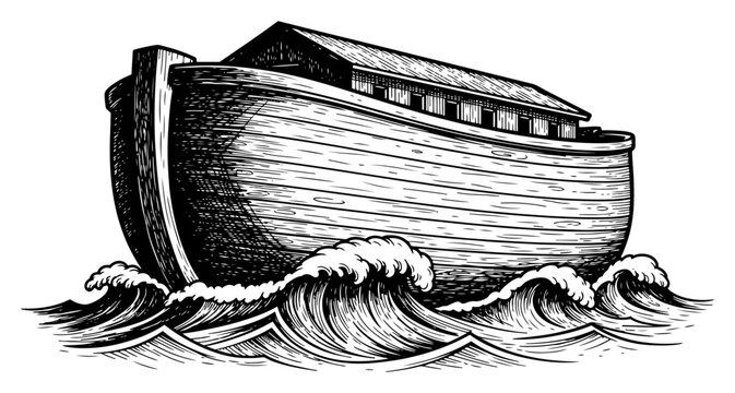 Noahs Ark floating on stormy ocean waves in vintage engraving woodcut style