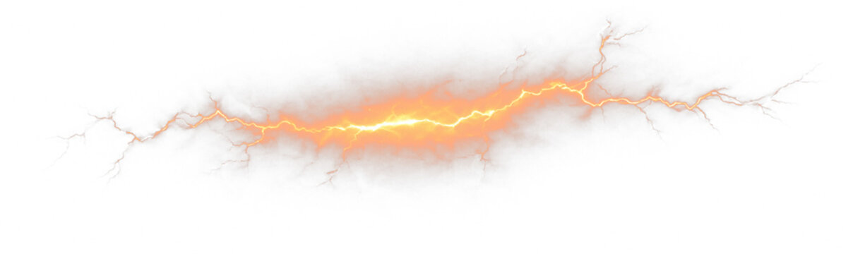 Orange lightning PNG transparent overlay with glowing electric energy bolt, on transparent background
