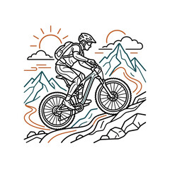 Naklejka premium Man Riding Mountain Bike Downhill Fast.