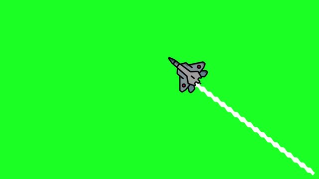 Military fighter jet flying across green screen with trail. Combat airplane animation representing aviation, defense, air force, speed, warfare
