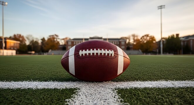 American football on a green field with white lines at dusk