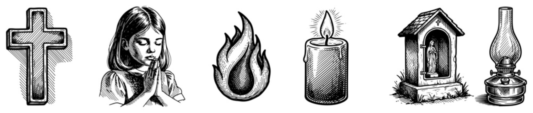Christian devotional symbols set including cross praying girl candle flame shrine and oil lamp in vintage engraving style