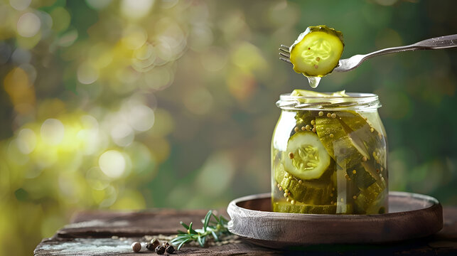 Jar of sliced pickles with fork on wooden table in sunlit garden