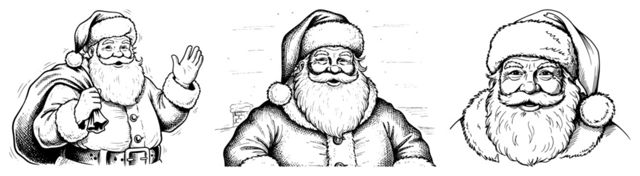 Santa Claus character portraits and holiday figures in vintage hand drawn engraving style