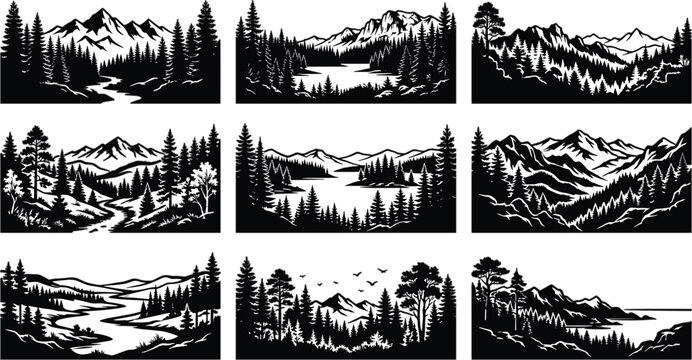 Vintage Mountain Landscape Silhouette Set with Pine Forest Trees Rivers and Lakes for Outdoor Adventure T Shirt and Logo Badge Designs