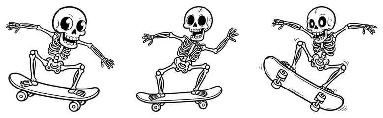 Skeleton characters performing tricks and riding skateboards cartoon line art style © Anna