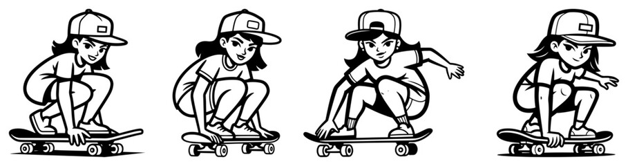 Cartoon girl character with cap riding a skateboard in various squatting poses bold line style © Anna