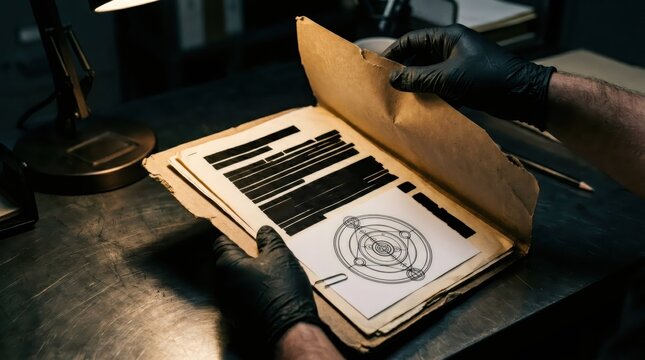 Man in black glove reading secret document with redacted text. Investigation of classified file with mysterious geometric diagram. Concept of conspiracy, intelligence and data security.