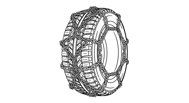 Intricate illustration of a tire wrapped in snow chains, showcasing detailed patterns and textures on a white background, tires