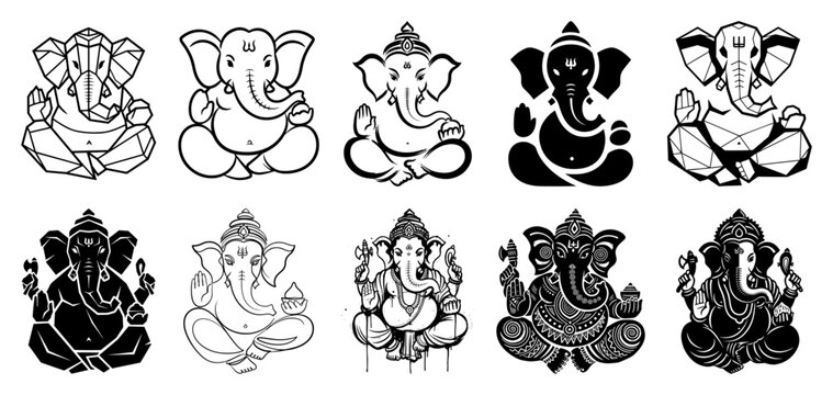 Lord Ganesha vector icons in various artistic design styles graphic silhouette and outline set